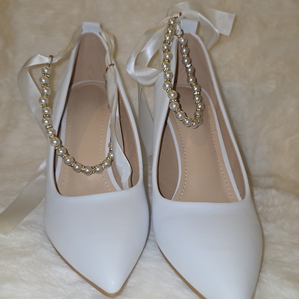 SHEIN White Heels with Pearl Accent